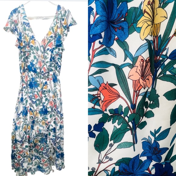 PARKER Blue Floral Lilly High Low Ruffle Dress Short Sleeve Flowy Dress Sz Small - Picture 1 of 15